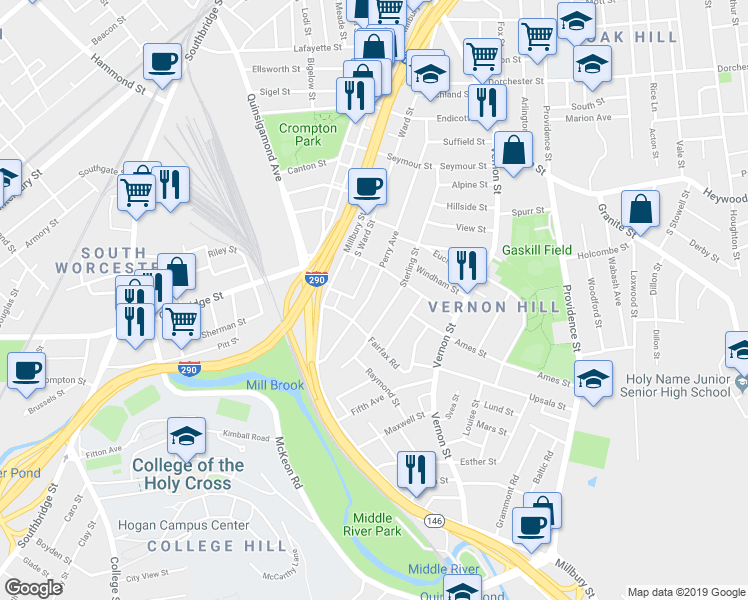 map of restaurants, bars, coffee shops, grocery stores, and more near 159 Perry Avenue in Worcester