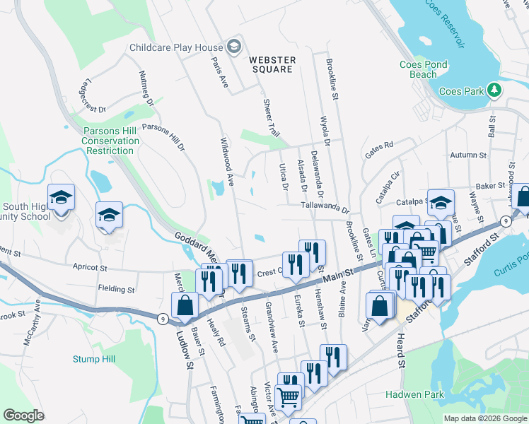 map of restaurants, bars, coffee shops, grocery stores, and more near 18 Teddy Road in Worcester