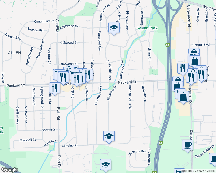 map of restaurants, bars, coffee shops, grocery stores, and more near 3060 Pittsview Drive in Ann Arbor