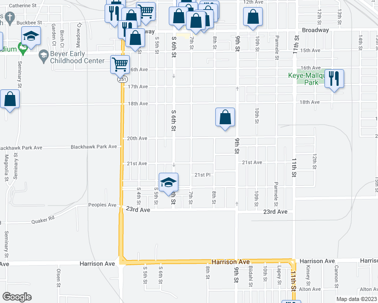 map of restaurants, bars, coffee shops, grocery stores, and more near 2129 7th Street in Rockford
