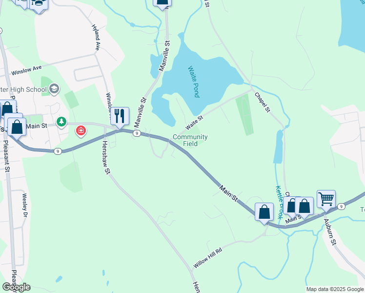 map of restaurants, bars, coffee shops, grocery stores, and more near 724 Main Street in Leicester