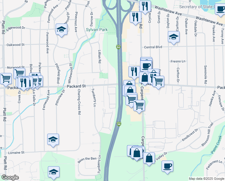 map of restaurants, bars, coffee shops, grocery stores, and more near 3810 Packard Street in Ann Arbor