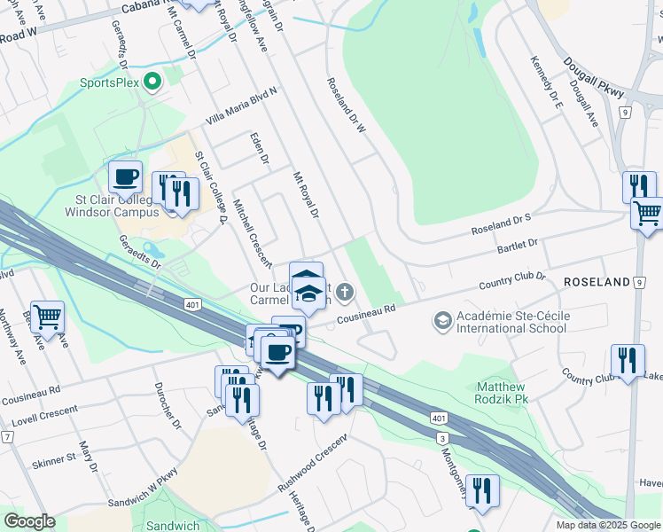 map of restaurants, bars, coffee shops, grocery stores, and more near 4323 Mount Royal Drive in Windsor
