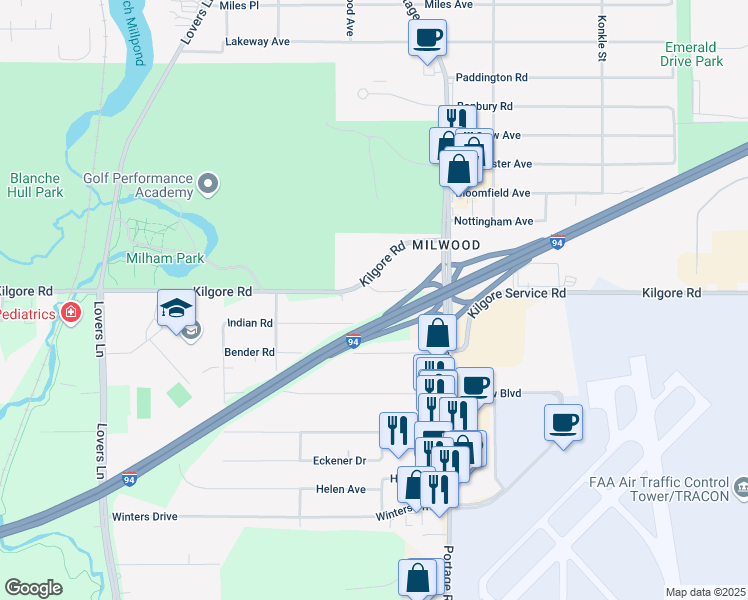 map of restaurants, bars, coffee shops, grocery stores, and more near 1326 East Kilgore Road in Portage
