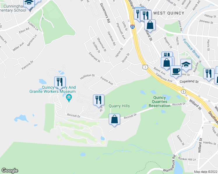 map of restaurants, bars, coffee shops, grocery stores, and more near 22 Eagle Terrace in Quincy