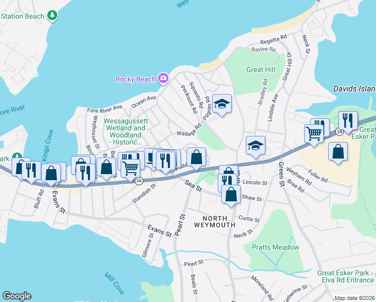 map of restaurants, bars, coffee shops, grocery stores, and more near 26-28 Bursley Road in Weymouth