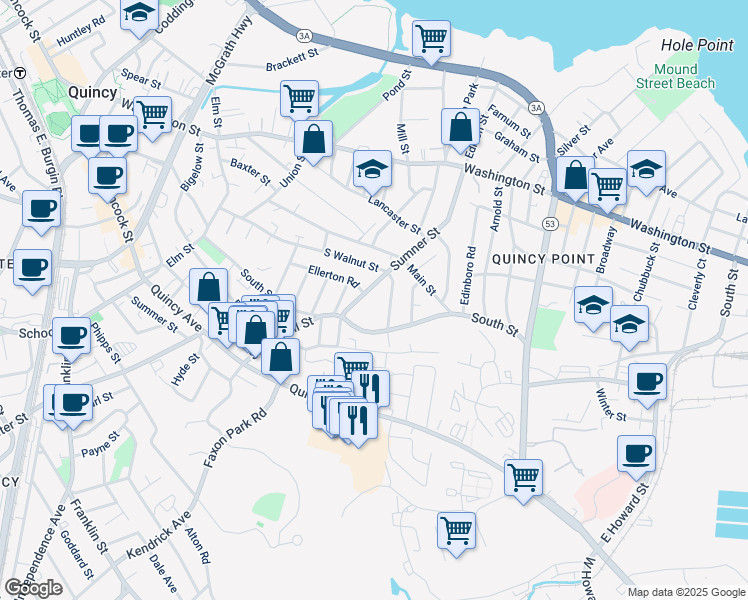 map of restaurants, bars, coffee shops, grocery stores, and more near 21 Sumner Street in Quincy