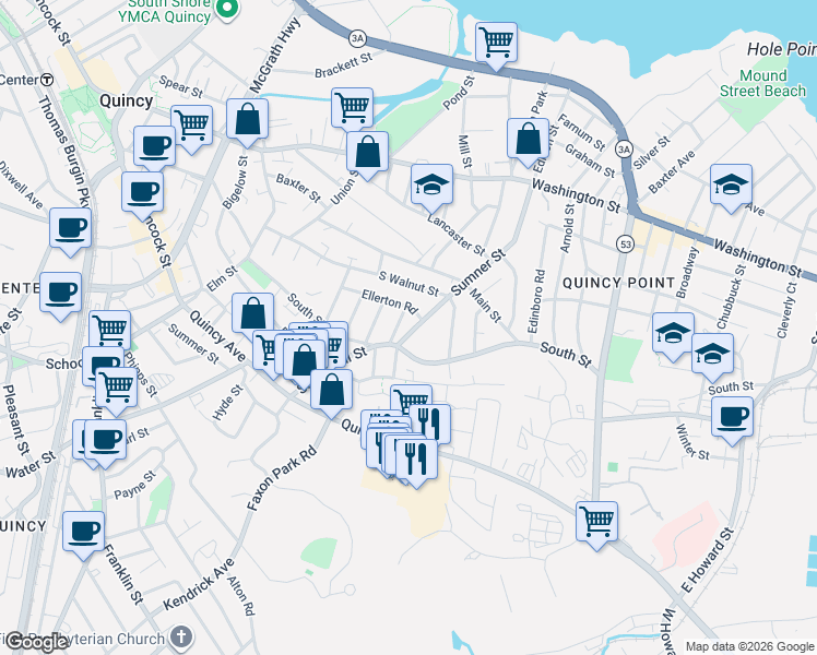 map of restaurants, bars, coffee shops, grocery stores, and more near 8 Dartmouth Street in Quincy