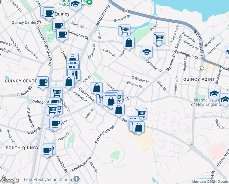 map of restaurants, bars, coffee shops, grocery stores, and more near 75 South Street in Quincy