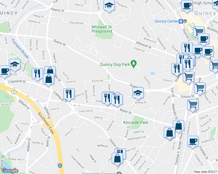map of restaurants, bars, coffee shops, grocery stores, and more near 44 Smith Street in Quincy