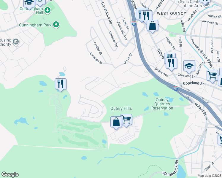 map of restaurants, bars, coffee shops, grocery stores, and more near 22 Eagle Terrace in Quincy
