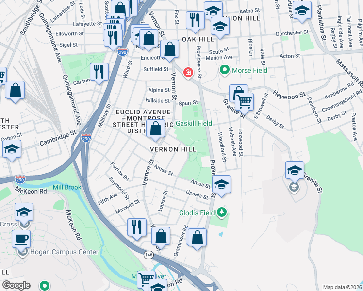 map of restaurants, bars, coffee shops, grocery stores, and more near 7 Fairbanks Street in Worcester