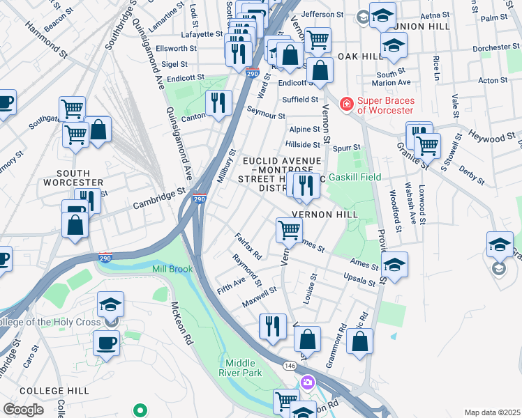 map of restaurants, bars, coffee shops, grocery stores, and more near 101 Sterling Street in Worcester