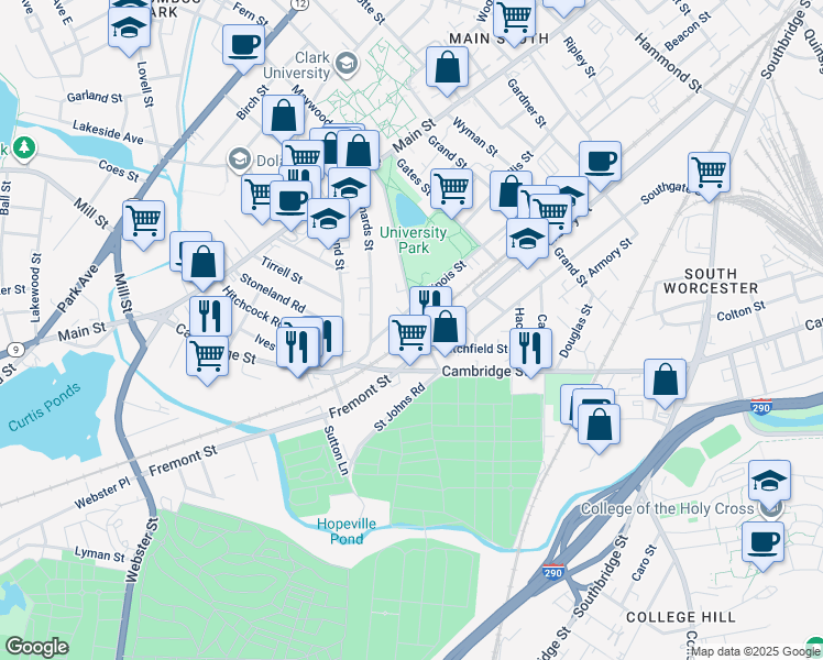 map of restaurants, bars, coffee shops, grocery stores, and more near in Worcester
