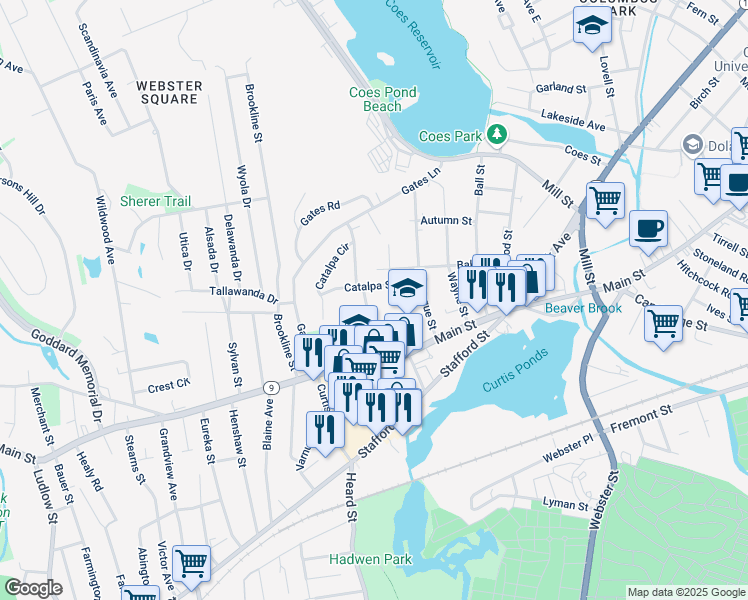 map of restaurants, bars, coffee shops, grocery stores, and more near 20 Holland Road in Worcester