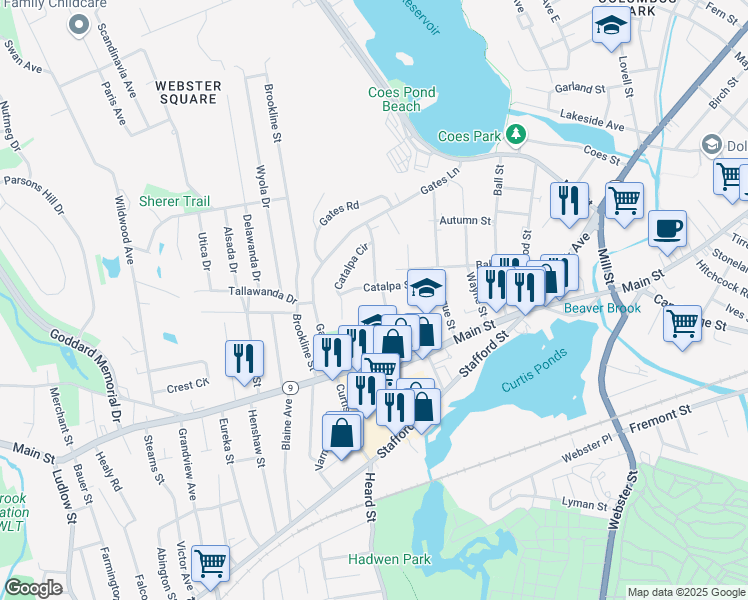map of restaurants, bars, coffee shops, grocery stores, and more near 20 Holland Road in Worcester