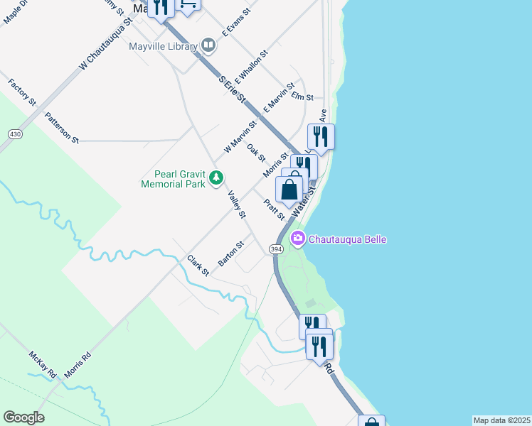 map of restaurants, bars, coffee shops, grocery stores, and more near 25 Pratt Street in Mayville