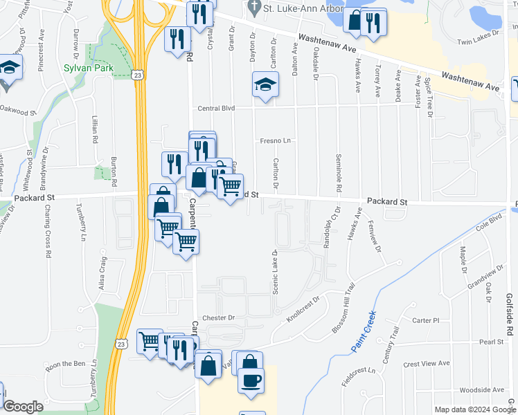 map of restaurants, bars, coffee shops, grocery stores, and more near 4220 Packard Street in Ann Arbor
