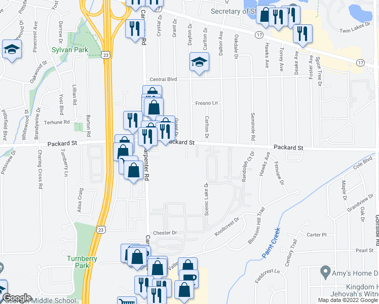 map of restaurants, bars, coffee shops, grocery stores, and more near 4126 Packard Street in Ann Arbor