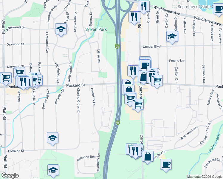 map of restaurants, bars, coffee shops, grocery stores, and more near 3810 Packard Street in Ann Arbor