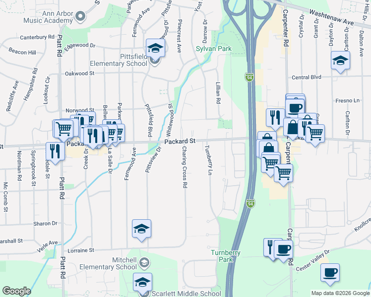 map of restaurants, bars, coffee shops, grocery stores, and more near 3039 Charing Cross Road in Ann Arbor