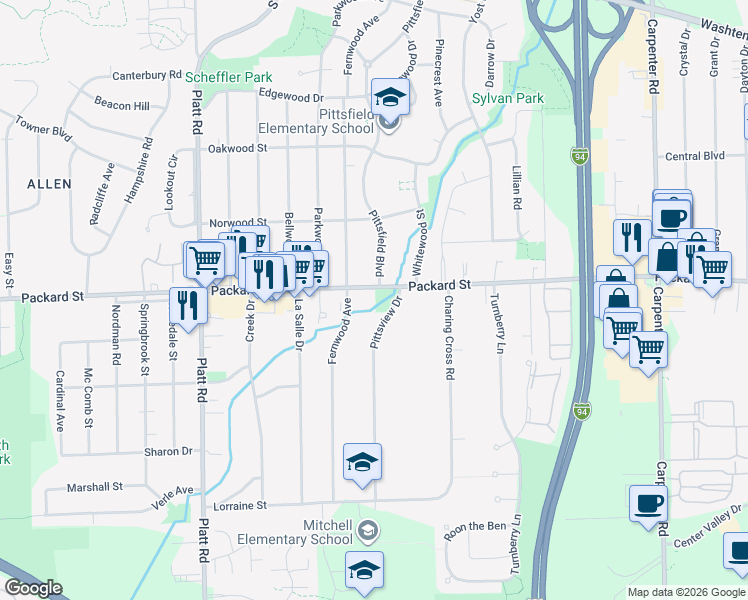 map of restaurants, bars, coffee shops, grocery stores, and more near 3060 Pittsview Drive in Ann Arbor