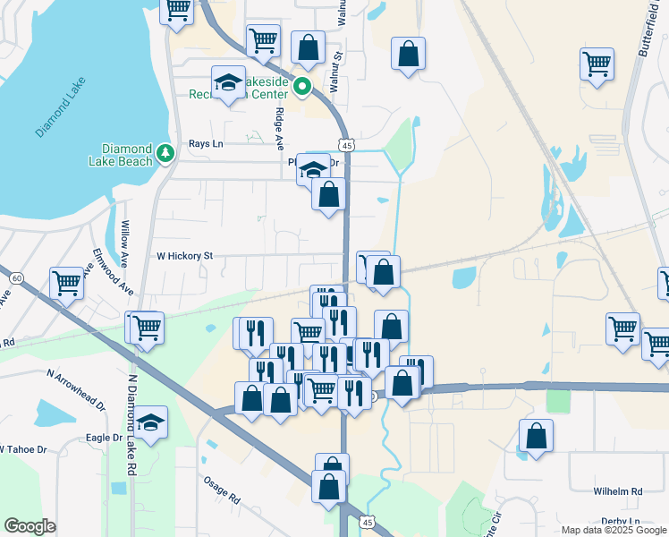 map of restaurants, bars, coffee shops, grocery stores, and more near 1545 Lakeridge Court in Mundelein
