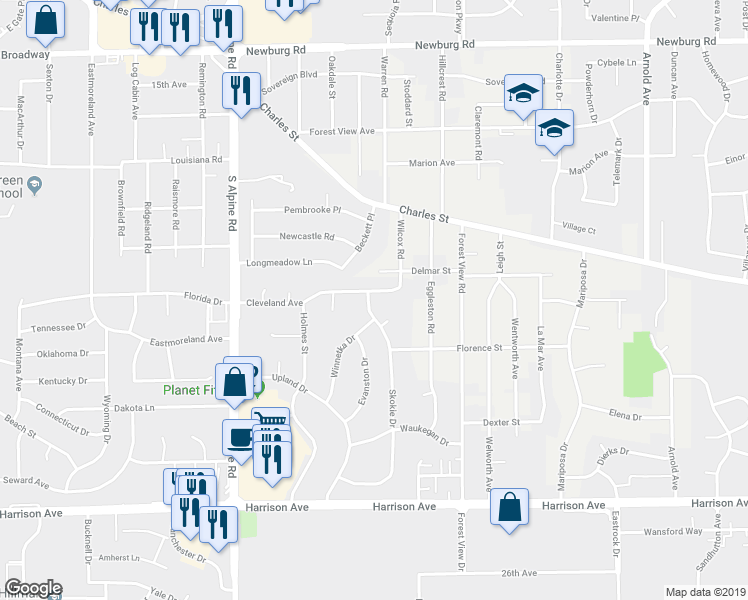 map of restaurants, bars, coffee shops, grocery stores, and more near 2209 Skokie Drive in Rockford