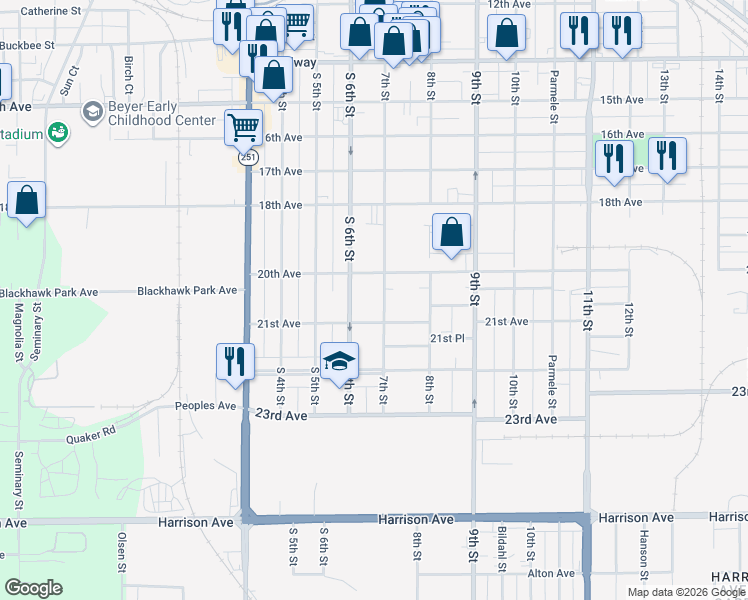 map of restaurants, bars, coffee shops, grocery stores, and more near 2134 South 6th Street in Rockford