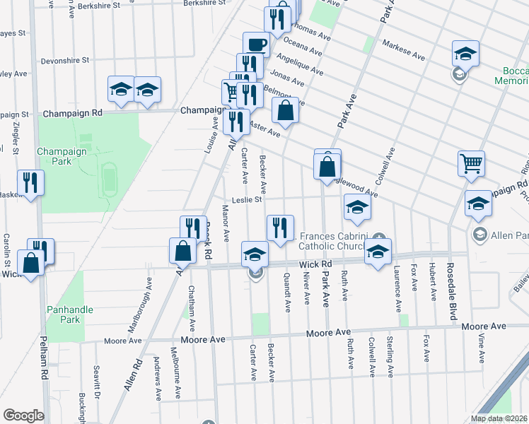 map of restaurants, bars, coffee shops, grocery stores, and more near 8960 Becker Avenue in Allen Park