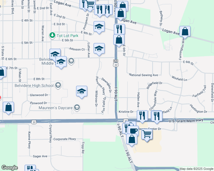 map of restaurants, bars, coffee shops, grocery stores, and more near 1312 Perrsons Parkway in Belvidere