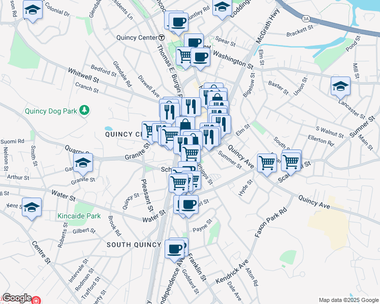 map of restaurants, bars, coffee shops, grocery stores, and more near 59 School Street in Quincy
