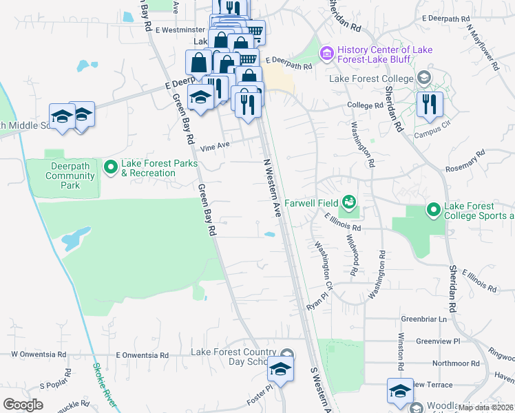 map of restaurants, bars, coffee shops, grocery stores, and more near 300 North Western Avenue in Lake Forest
