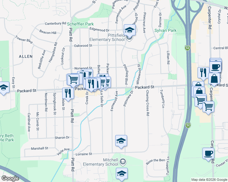 map of restaurants, bars, coffee shops, grocery stores, and more near 3310 Packard Street in Ann Arbor
