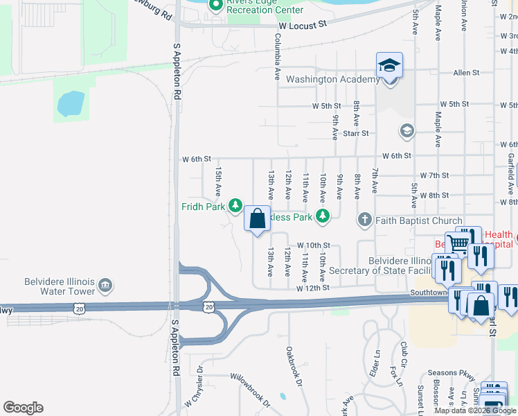 map of restaurants, bars, coffee shops, grocery stores, and more near 1228 West 9th Street in Belvidere