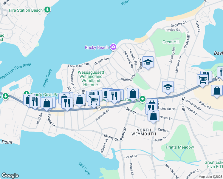 map of restaurants, bars, coffee shops, grocery stores, and more near 145 Sea Street in Weymouth