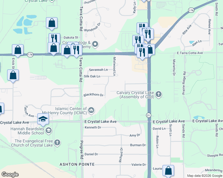 map of restaurants, bars, coffee shops, grocery stores, and more near 4811 Strong Road in Crystal Lake