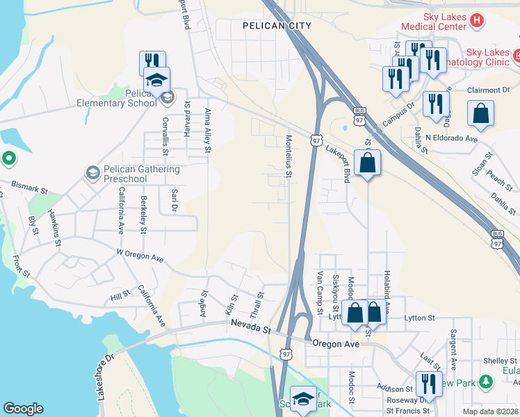 map of restaurants, bars, coffee shops, grocery stores, and more near 214 Gage Road in Klamath Falls