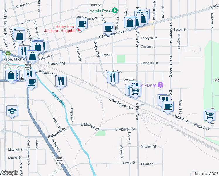 map of restaurants, bars, coffee shops, grocery stores, and more near 619 Lake Street in Jackson
