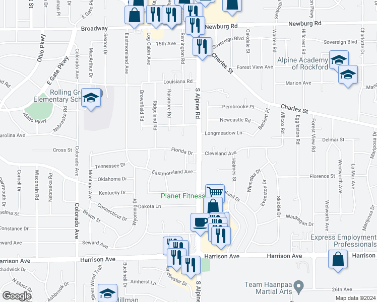 map of restaurants, bars, coffee shops, grocery stores, and more near 4206 Florida Drive in Rockford