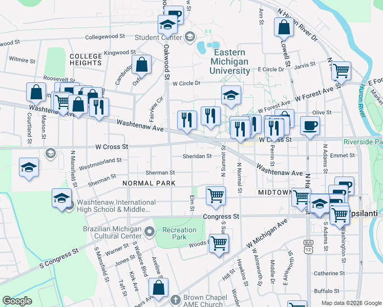 map of restaurants, bars, coffee shops, grocery stores, and more near 950 Sheridan Street in Ypsilanti