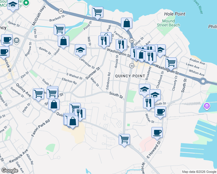 map of restaurants, bars, coffee shops, grocery stores, and more near 276 South Street in Quincy