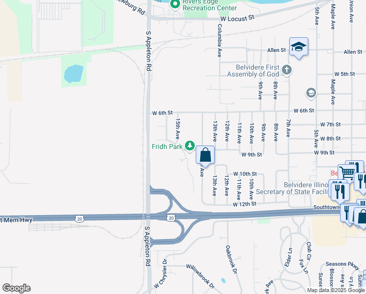 map of restaurants, bars, coffee shops, grocery stores, and more near 1438 West 9th Street in Belvidere