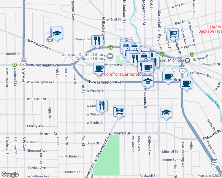 map of restaurants, bars, coffee shops, grocery stores, and more near 233 West Wesley Street in Jackson