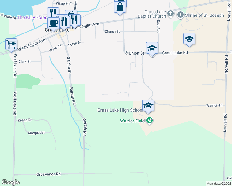 map of restaurants, bars, coffee shops, grocery stores, and more near 687 Pinewood Drive in Grass Lake