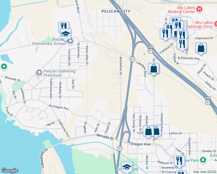 map of restaurants, bars, coffee shops, grocery stores, and more near 214 Gage Road in Klamath Falls
