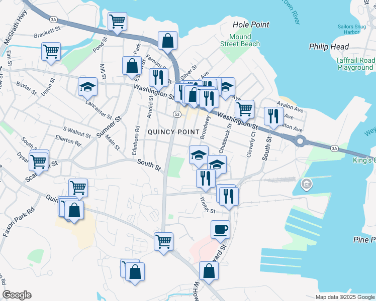 map of restaurants, bars, coffee shops, grocery stores, and more near 14 Broadway in Quincy