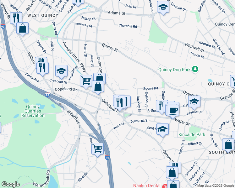 map of restaurants, bars, coffee shops, grocery stores, and more near 268 Common Street in Quincy