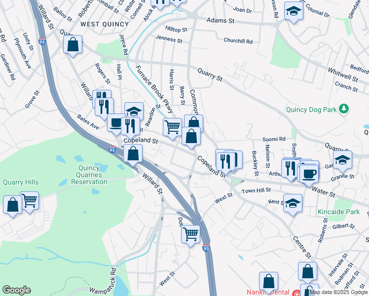 map of restaurants, bars, coffee shops, grocery stores, and more near 96 Cross Street in Quincy