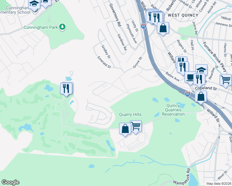 map of restaurants, bars, coffee shops, grocery stores, and more near 22 Eagle Terrace in Quincy